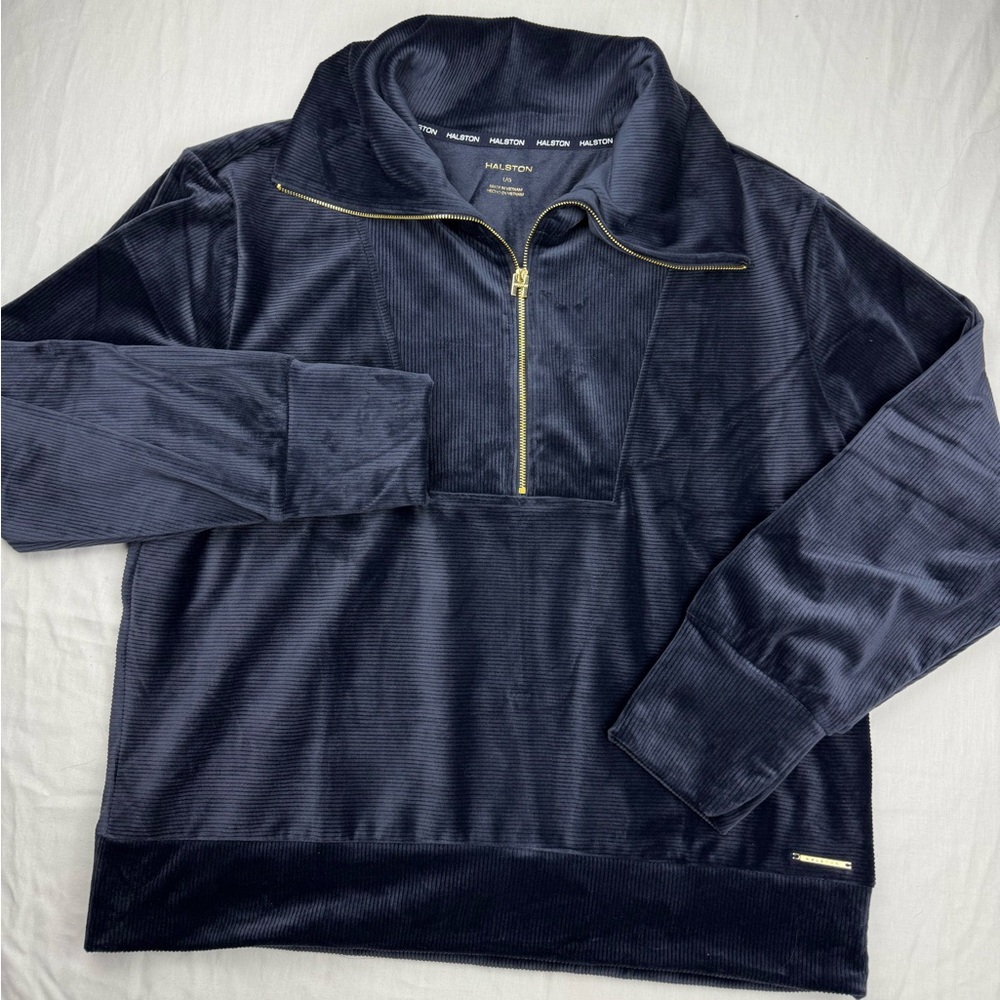 Halston Dark half Blue Zip-Up velvet Sweater size large